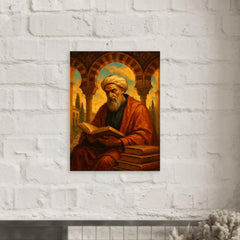 Averroes beneath Andalusian arches and books metal print mockup