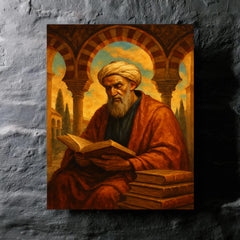Averroes beneath Andalusian arches and books metal print mockup
