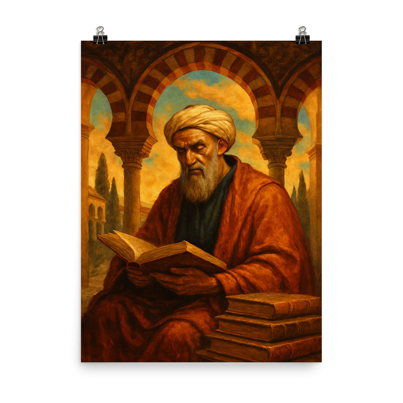 Averroes beneath Andalusian arches and books poster on a plain backdrop in size 8