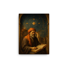 Averroes under celestial diagrams in Cordoba canvas print on a plain backdrop in size 12"x16".