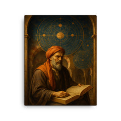 Averroes under celestial diagrams in Cordoba canvas print on a plain backdrop in size 16"x20".