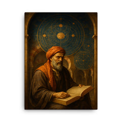 Averroes under celestial diagrams in Cordoba canvas print on a plain backdrop in size 18"x24".