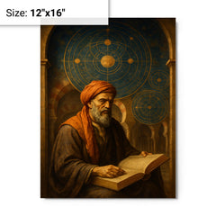 Averroes under celestial diagrams in Cordoba metal print on a plain backdrop in size 12"x16".