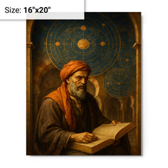 Averroes under celestial diagrams in Cordoba metal print on a plain backdrop in size 16"x20".