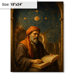 Averroes under celestial diagrams in Cordoba metal print on a plain backdrop in size 18"x24".