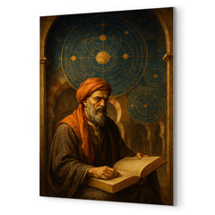 Averroes under celestial diagrams in Cordoba metal print mockup