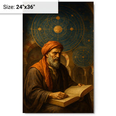 Averroes under celestial diagrams in Cordoba metal print on a plain backdrop in size 24"x36".