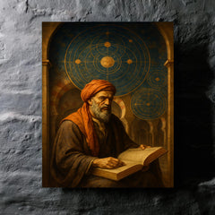 Averroes under celestial diagrams in Cordoba metal print mockup