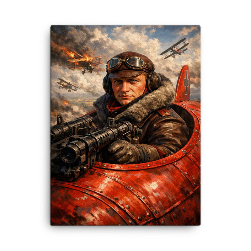 Aviator Manfred von Richthofen in scarlet cockpit canvas print on a plain backdrop in size 18