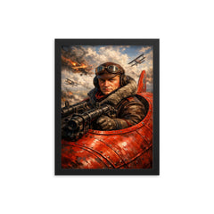 Aviator Manfred von Richthofen in scarlet cockpit framed print on a plain backdrop in size 12"x16".
