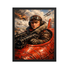 Aviator Manfred von Richthofen in scarlet cockpit framed print on a plain backdrop in size 16"x20".