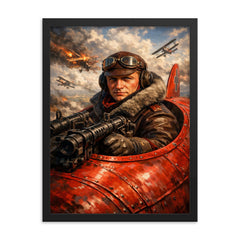 Aviator Manfred von Richthofen in scarlet cockpit framed print on a plain backdrop in size 18"x24".