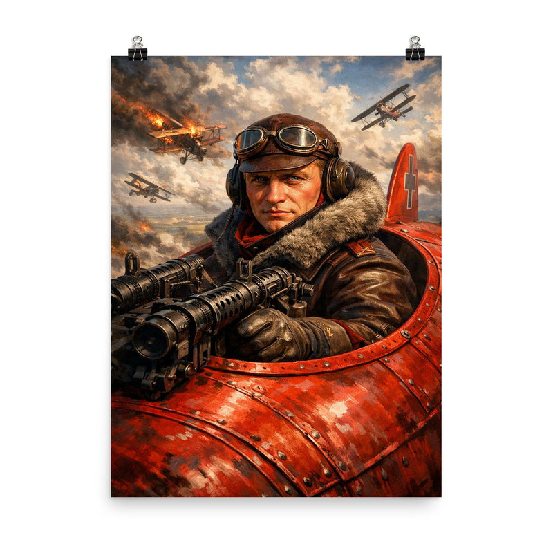 Aviator Manfred von Richthofen in scarlet cockpit poster on a plain backdrop in size 8