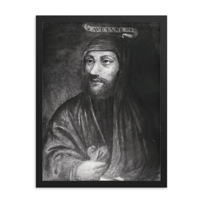 Avicenna (Ibn Sina) framed print on a plain backdrop in size 18