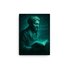 Avicenna physician philosopher in turquoise manuscript glow canvas print on a plain backdrop in size 12"x16".