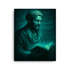 Avicenna physician philosopher in turquoise manuscript glow canvas print on a plain backdrop in size 16"x20".