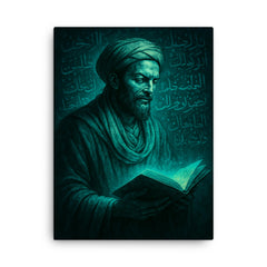 Avicenna physician philosopher in turquoise manuscript glow canvas print on a plain backdrop in size 18"x24".