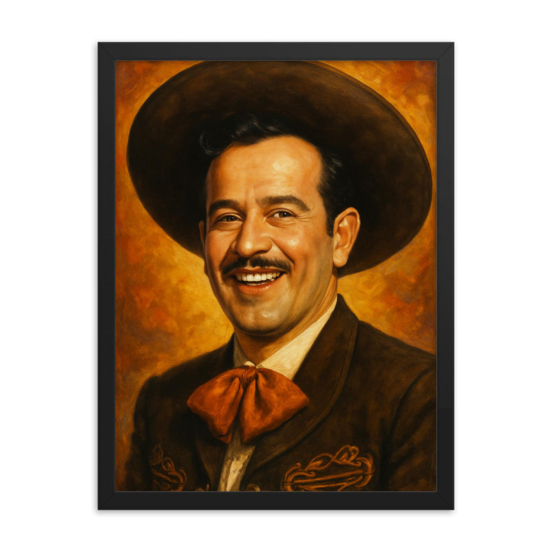 Awesome portrait of Pedro Infante smiling framed print on a plain backdrop in size 18