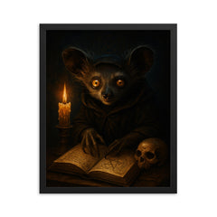 Aye aye lemur as nocturnal occult scholar framed print on a plain backdrop in size 16"x20".
