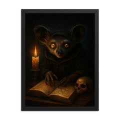 Aye aye lemur as nocturnal occult scholar framed print on a plain backdrop in size 18"x24".