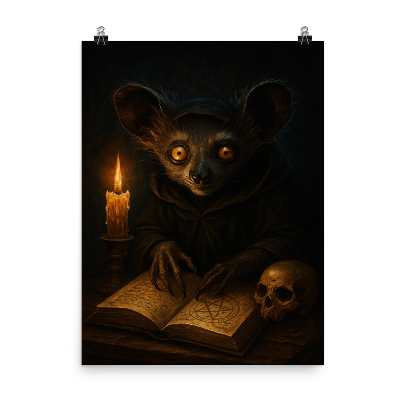 Aye aye lemur as nocturnal occult scholar poster on a plain backdrop in size 8