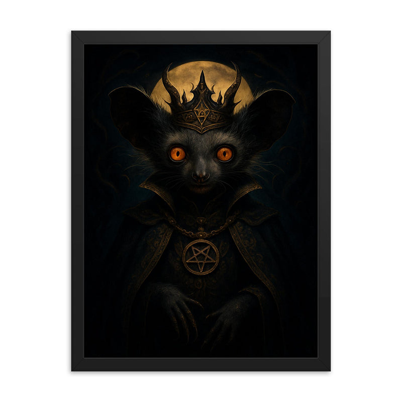 Aye aye lemur presented as nocturnal occult prince framed print on a plain backdrop in size 18