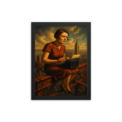 Ayn Rand at typewriter above Manhattan steel framed print on a plain backdrop in size 12"x16".