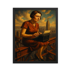 Ayn Rand at typewriter above Manhattan steel framed print on a plain backdrop in size 16"x20".