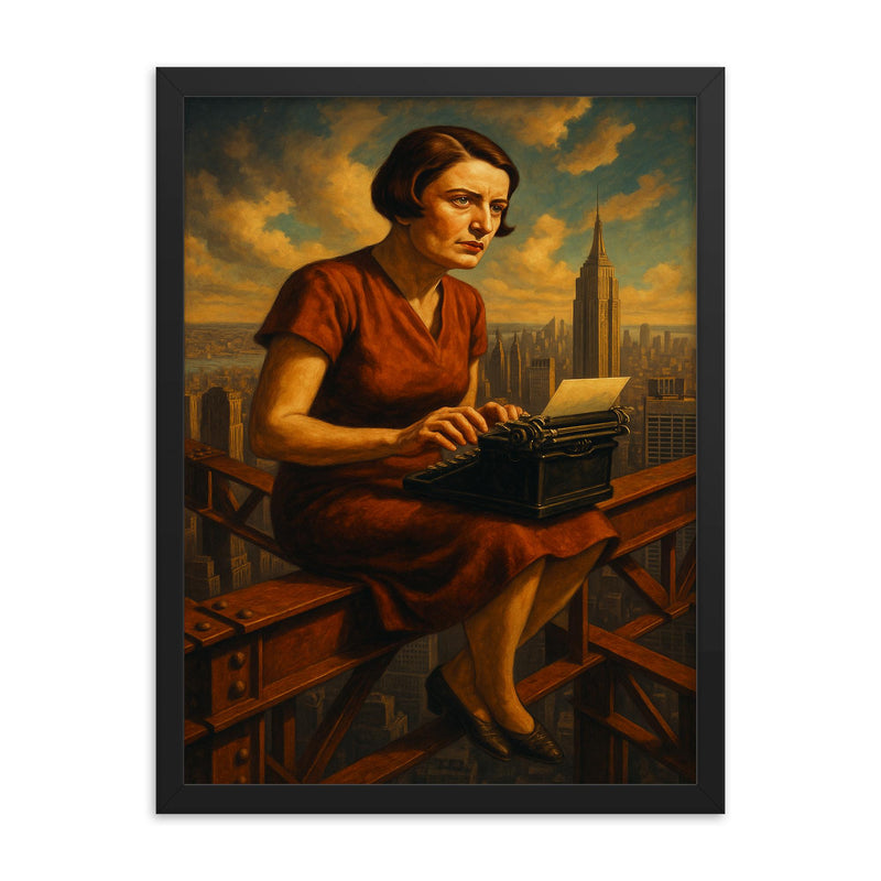 Ayn Rand at typewriter above Manhattan steel framed print on a plain backdrop in size 18