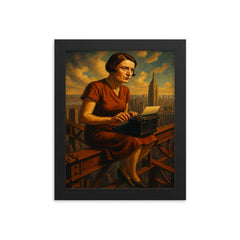 Ayn Rand at typewriter above Manhattan steel framed print on a plain backdrop in size 8"x10".