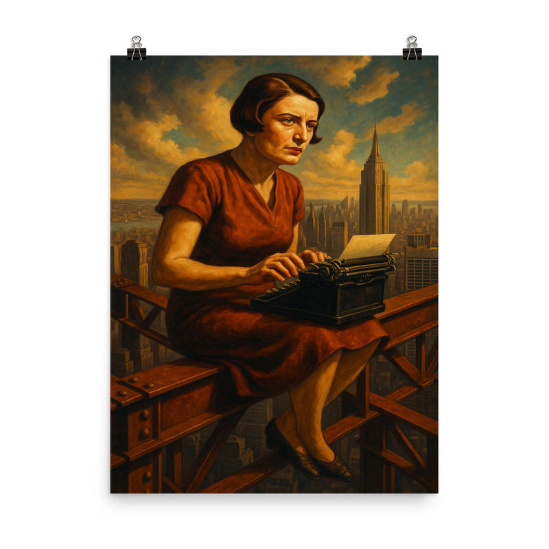 Ayn Rand at typewriter above Manhattan steel poster on a plain backdrop in size 8