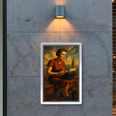 Ayn Rand at typewriter above Manhattan steel poster 2