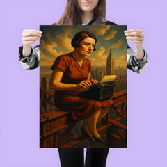 Ayn Rand at typewriter above Manhattan steel poster 3