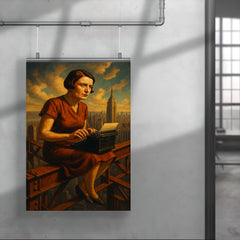 Ayn Rand at typewriter above Manhattan steel poster 4