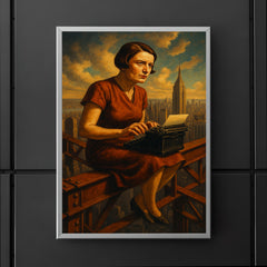 Ayn Rand at typewriter above Manhattan steel poster 5