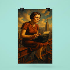 Ayn Rand at typewriter above Manhattan steel poster 6