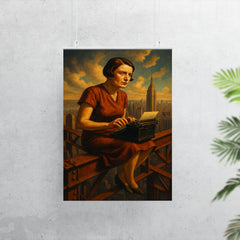 Ayn Rand at typewriter above Manhattan steel poster 7