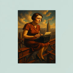 Ayn Rand at typewriter above Manhattan steel poster 8