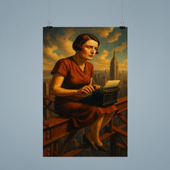 Ayn Rand at typewriter above Manhattan steel poster 9