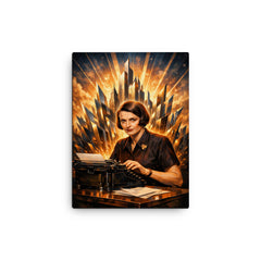 Ayn Rand at typewriter with skyline shards canvas print on a plain backdrop in size 12"x16".