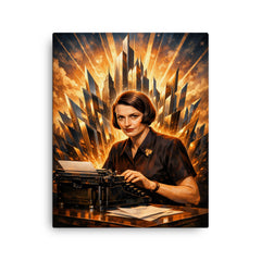 Ayn Rand at typewriter with skyline shards canvas print on a plain backdrop in size 16"x20".