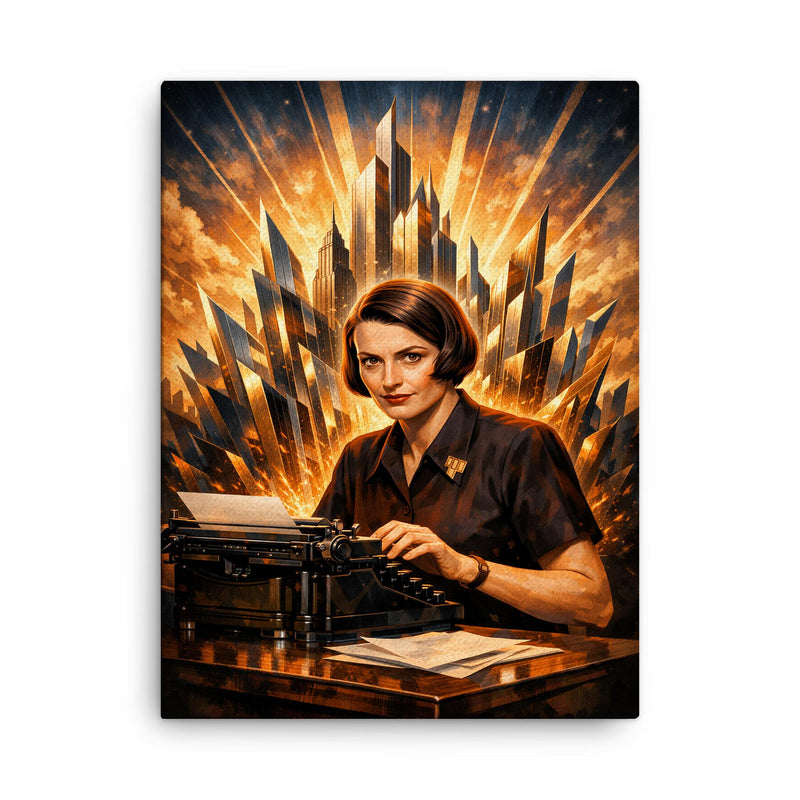 Ayn Rand at typewriter with skyline shards canvas print on a plain backdrop in size 18