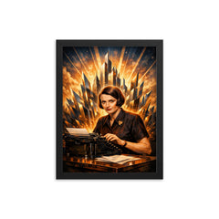 Ayn Rand at typewriter with skyline shards framed print on a plain backdrop in size 12"x16".