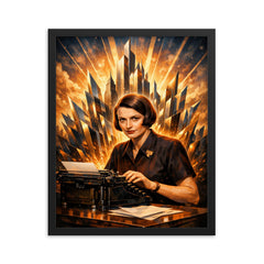 Ayn Rand at typewriter with skyline shards framed print on a plain backdrop in size 16"x20".