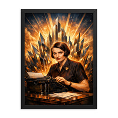 Ayn Rand at typewriter with skyline shards framed print on a plain backdrop in size 18"x24".