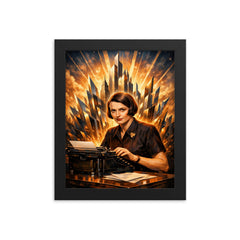 Ayn Rand at typewriter with skyline shards framed print on a plain backdrop in size 8"x10".