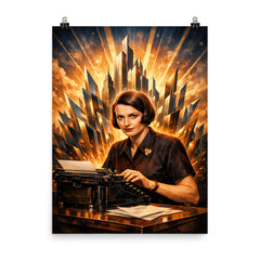 Ayn Rand at typewriter with skyline shards poster on a plain backdrop in size 8"x10".