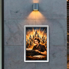 Ayn Rand at typewriter with skyline shards poster 2