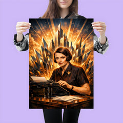 Ayn Rand at typewriter with skyline shards poster 3