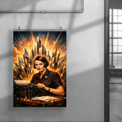 Ayn Rand at typewriter with skyline shards poster 4